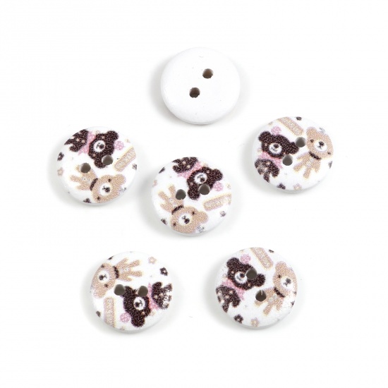 Picture of Natural Wood Sewing Buttons Scrapbooking Two Holes Round White & Brown Bear 15mm Dia., 100 PCs