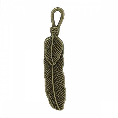 Zinc Metal Alloy Pendants Feather Antique Bronze 57mm(2 2/8") x 11mm( 3/8"), 10 PCs