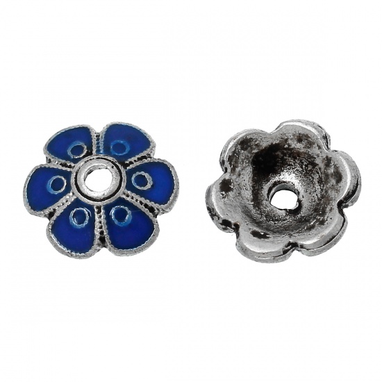 Picture of Zinc Based Alloy Beads Caps Flower Antique Silver Color Deep Blue Enamel Circle Carved (Fits 12mm Beads) 10mm x 9mm, 5 PCs