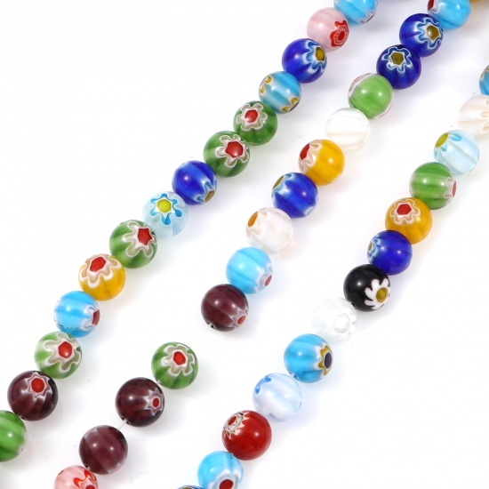 Picture of Lampwork Glass Millefiori Beads Round At Random Color Flower About 10mm Dia, Hole: Approx 1.2mm, 36cm(14 1/8") - 35.5cm(14") long, 1 Strand (Approx 38 PCs/Strand)