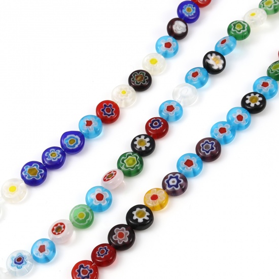 Picture of Lampwork Glass Millefiori Beads Flat Round At Random Color Flower About 8mm Dia, Hole: Approx 1mm, 36cm(14 1/8") long, 1 Strand (Approx 47 PCs/Strand)