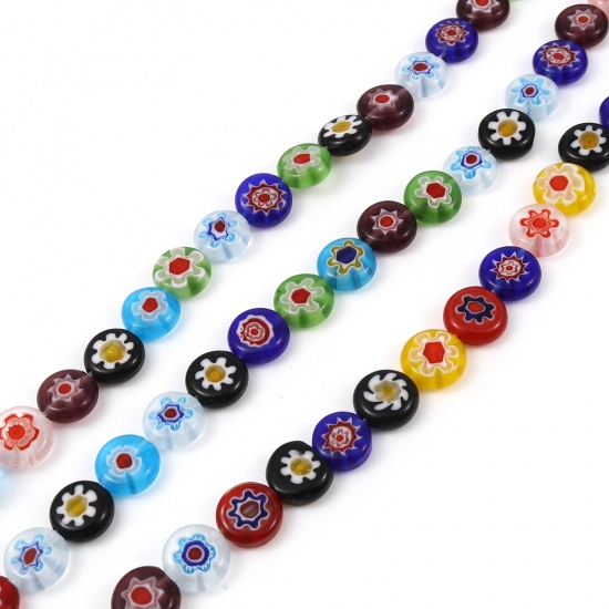 Picture of Lampwork Glass Millefiori Beads Flat Round At Random Color Flower About 10mm Dia, Hole: Approx 1.2mm, 36cm(14 1/8") long, 1 Strand (Approx 38 PCs/Strand)