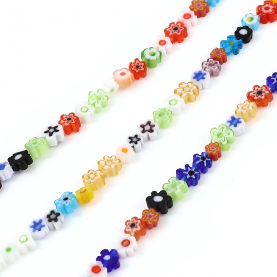 Picture of Lampwork Glass Millefiori Beads Flower At Random Color About 7mm x 6mm - 4mm x 4mm, Hole: Approx 0.9mm, 40cm(15 6/8") - 39.5cm(15 4/8") long, 1 Strand (Approx 80 PCs/Strand)