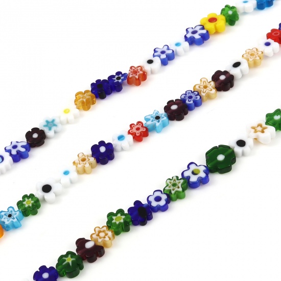 Picture of Lampwork Glass Millefiori Beads Flower At Random Color About 10mm x 9mm - 6mm x 6mm, Hole: Approx 1mm, 40.5cm(16") - 40cm(15 6/8") long, 1 Strand (Approx 58 PCs/Strand)