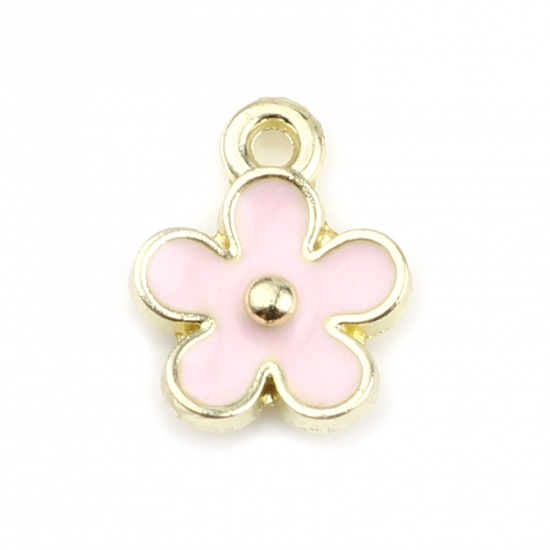 Image de Breloques en Alliage de Zinc Fleur Doré Rose Clair Émail 12mm x 10mm, 20 Pcs