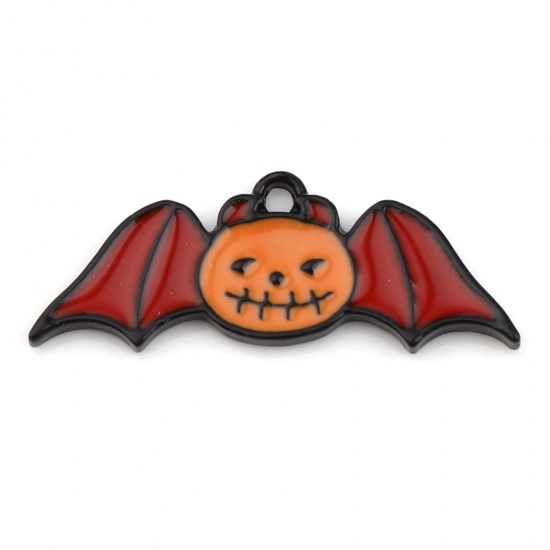 Picture of Zinc Based Alloy Charms Pumpkin Orange & Red Halloween Bat Enamel 26mm x 10mm, 10 PCs