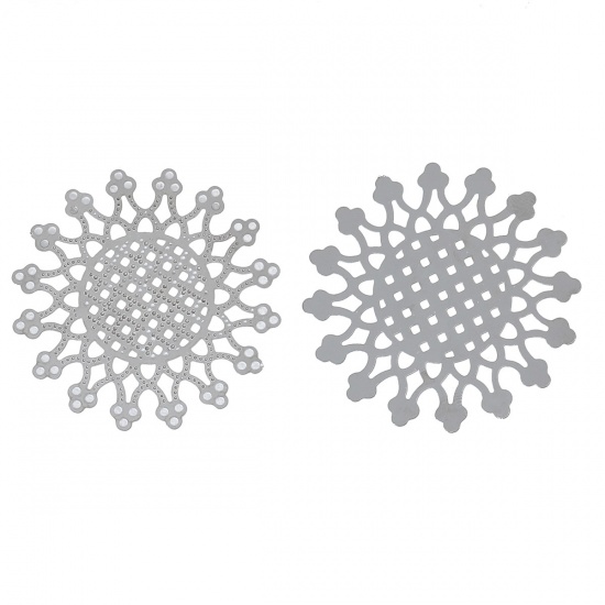Picture of 304 Stainless Steel Filigree Stamping Embellishments Findings, Flower Silver Tone, Flower Hollow Carved 4cm(1 5/8") x 4cm(1 5/8"), 10 PCs