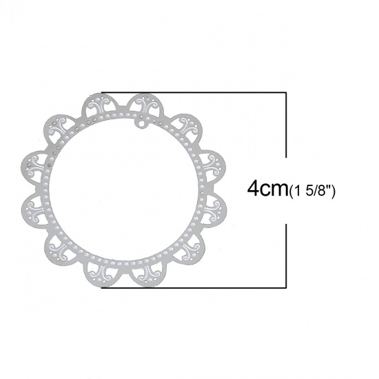 Image de Cabochons d'Embellissement Estampe en Filigrane Creux en 304 Acier Inoxydable Rond Fleurss Argent Mat Dia. 4cm, 10 Pcs