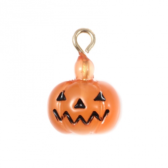 Picture of Resin Charms Halloween Pumpkin Gold Plated Black & Orange 15mm x 10mm, 2 PCs