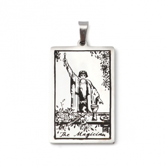 Picture of 201 Stainless Steel Tarot Pendants Silver Tone Rectangle Message " THE MAGICIAN " 46mm x 24mm, 1 Piece