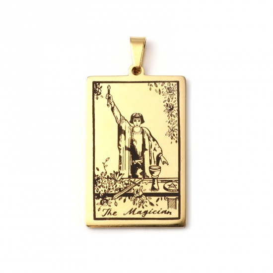 Picture of 201 Stainless Steel Tarot Pendants Gold Plated Rectangle Message " THE MAGICIAN " 46mm x 24mm, 1 Piece