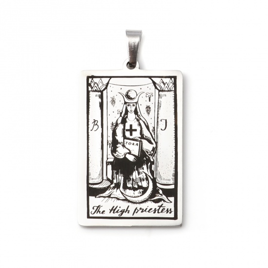 Picture of 201 Stainless Steel Tarot Pendants Silver Tone Rectangle Message " THE HIGH PRIESTESS " 46mm x 24mm, 1 Piece