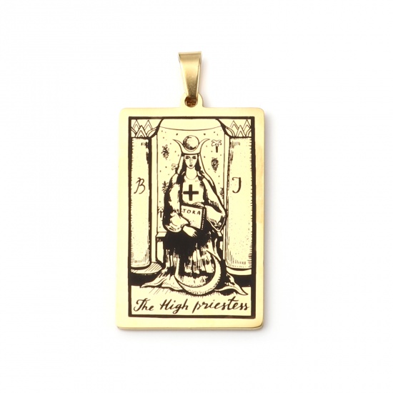 Picture of 201 Stainless Steel Tarot Pendants Gold Plated Rectangle Message " THE HIGH PRIESTESS " 46mm x 24mm, 1 Piece