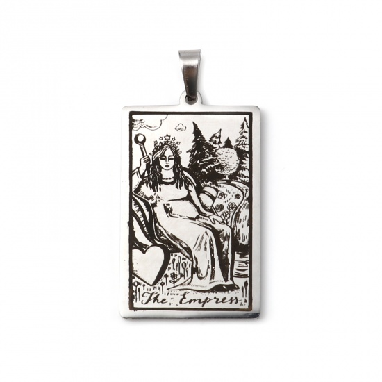 Picture of 201 Stainless Steel Tarot Pendants Silver Tone Rectangle Message " THE EMPRESS " 46mm x 24mm, 1 Piece