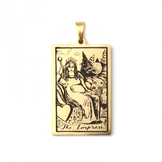 Picture of 201 Stainless Steel Tarot Pendants Gold Plated Rectangle Message " THE EMPRESS " 46mm x 24mm, 1 Piece
