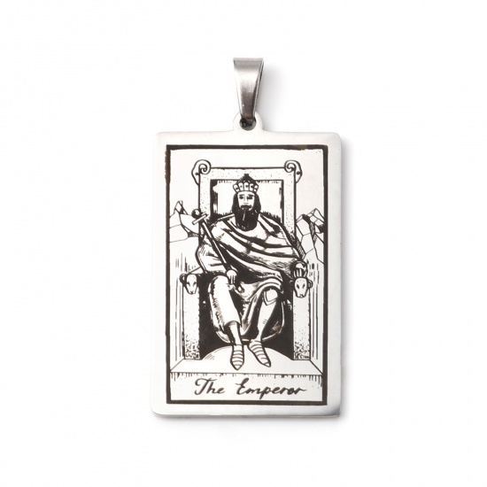 Picture of 201 Stainless Steel Tarot Pendants Silver Tone Rectangle Message " THE EMPEROR " 46mm x 24mm, 1 Piece