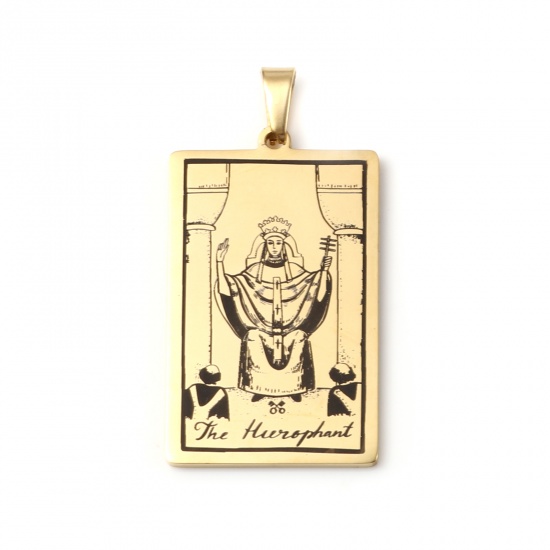 Picture of 201 Stainless Steel Tarot Pendants Gold Plated Rectangle Message " THE HIEROPHANT " 46mm x 24mm, 1 Piece