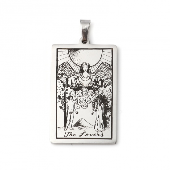 Picture of 201 Stainless Steel Tarot Pendants Silver Tone Rectangle Message " THE LOVERS " 46mm x 24mm, 1 Piece