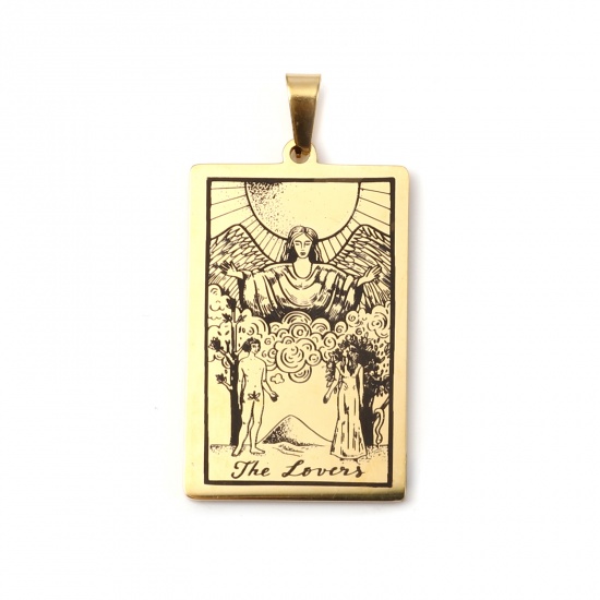 Picture of 201 Stainless Steel Tarot Pendants Gold Plated Rectangle Message " THE LOVERS " 46mm x 24mm, 1 Piece