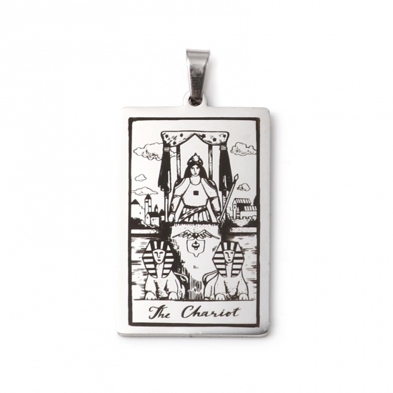 Picture of 201 Stainless Steel Tarot Pendants Silver Tone Rectangle Message " THE CHARIOT " 46mm x 24mm, 1 Piece