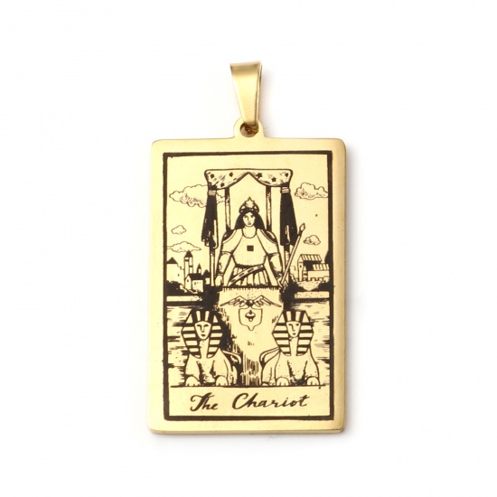 Picture of 201 Stainless Steel Tarot Pendants Gold Plated Rectangle Message " THE CHARIOT " 46mm x 24mm, 1 Piece