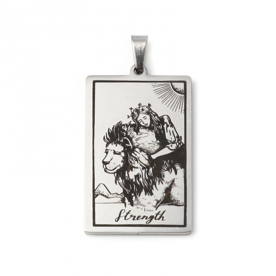 Picture of 201 Stainless Steel Tarot Pendants Silver Tone Rectangle Message " STRENGTH " 46mm x 24mm, 1 Piece