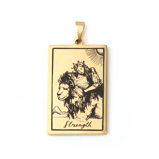 Picture of 201 Stainless Steel Tarot Pendants Gold Plated Rectangle Message " STRENGTH " 46mm x 24mm, 1 Piece