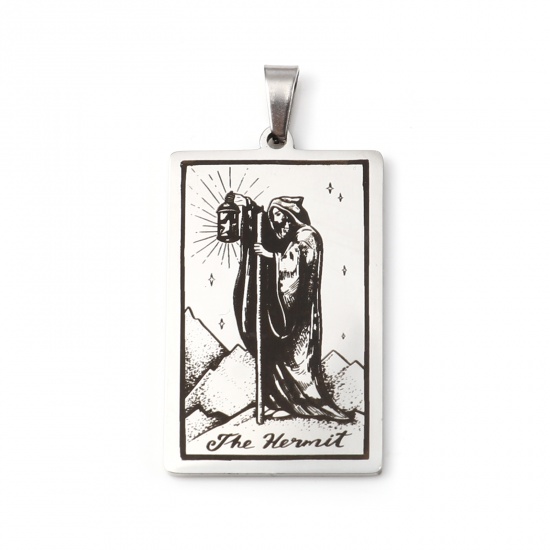 Picture of 201 Stainless Steel Tarot Pendants Silver Tone Rectangle Message " THE HERMIT " 46mm x 24mm, 1 Piece