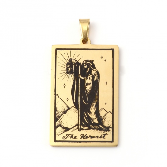 Picture of 201 Stainless Steel Tarot Pendants Gold Plated Rectangle Message " THE HERMIT " 46mm x 24mm, 1 Piece