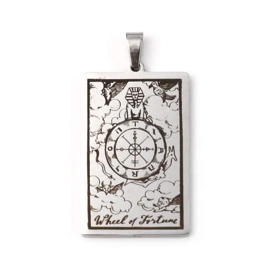Picture of 201 Stainless Steel Tarot Pendants Silver Tone Rectangle Message " WHEEL FORTUNE " 46mm x 24mm, 1 Piece