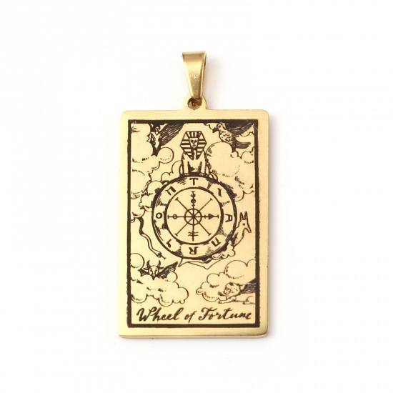 Picture of 201 Stainless Steel Tarot Pendants Gold Plated Rectangle Message " WHEEL FORTUNE " 46mm x 24mm, 1 Piece