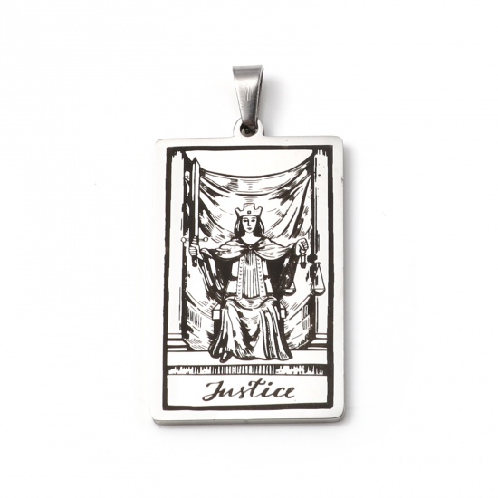 Picture of 201 Stainless Steel Tarot Pendants Silver Tone Rectangle Message " JUSTICE " 46mm x 24mm, 1 Piece
