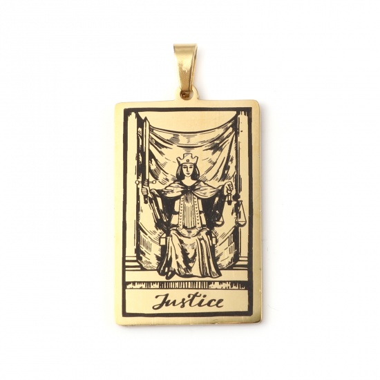 Picture of 201 Stainless Steel Tarot Pendants Gold Plated Rectangle Message " JUSTICE " 46mm x 24mm, 1 Piece