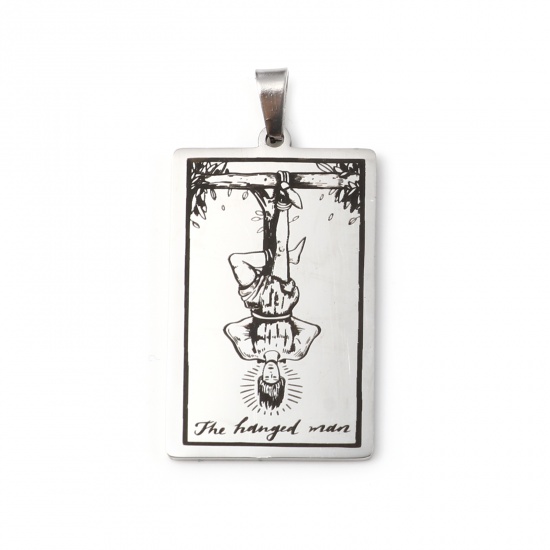 Picture of 201 Stainless Steel Tarot Pendants Silver Tone Rectangle Message " THE HANGED MAN " 46mm x 24mm, 1 Piece