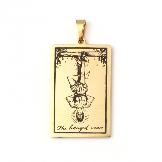 Picture of 201 Stainless Steel Tarot Pendants Gold Plated Rectangle Message " THE HANGED MAN " 46mm x 24mm, 1 Piece