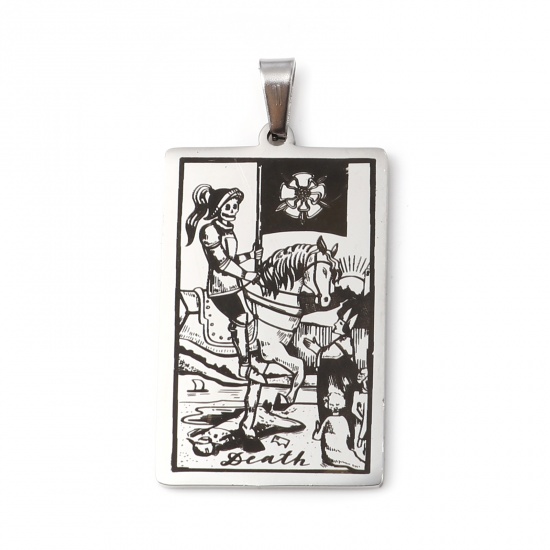 Picture of 201 Stainless Steel Tarot Pendants Silver Tone Rectangle Message " DEATH " 46mm x 24mm, 1 Piece