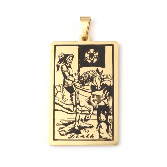 Picture of 201 Stainless Steel Tarot Pendants Gold Plated Rectangle Message " DEATH " 46mm x 24mm, 1 Piece