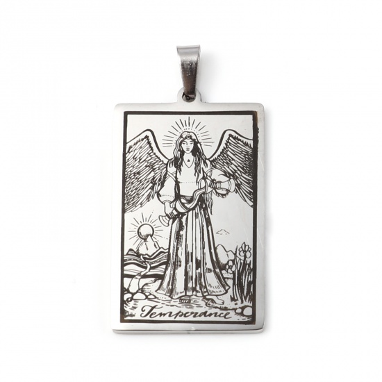 Picture of 201 Stainless Steel Tarot Pendants Silver Tone Rectangle Message " TEMPERANCE " 46mm x 24mm, 1 Piece