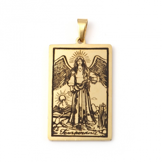 Picture of 201 Stainless Steel Tarot Pendants Gold Plated Rectangle Message " TEMPERANCE " 46mm x 24mm, 1 Piece