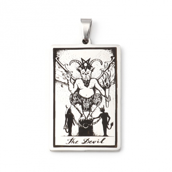 Picture of 201 Stainless Steel Tarot Pendants Silver Tone Rectangle Message " THE DEVIL " 46mm x 24mm, 1 Piece