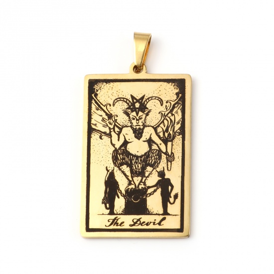 Picture of 201 Stainless Steel Tarot Pendants Gold Plated Rectangle Message " THE DEVIL " 46mm x 24mm, 1 Piece
