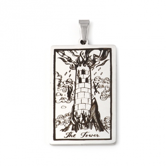 Picture of 201 Stainless Steel Tarot Pendants Silver Tone Rectangle Message " THE TOWER " 46mm x 24mm, 1 Piece