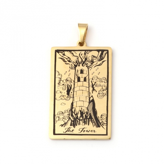 Picture of 201 Stainless Steel Tarot Pendants Gold Plated Rectangle Message " THE TOWER " 46mm x 24mm, 1 Piece