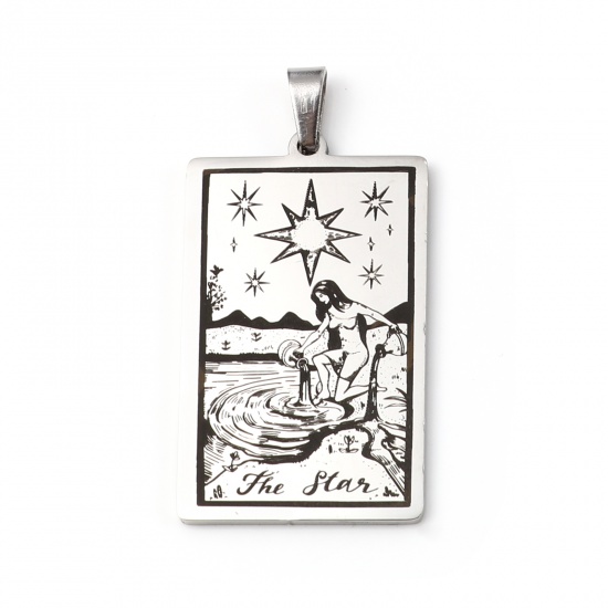 Picture of 201 Stainless Steel Tarot Pendants Silver Tone Rectangle Message " THE STAR " 46mm x 24mm, 1 Piece