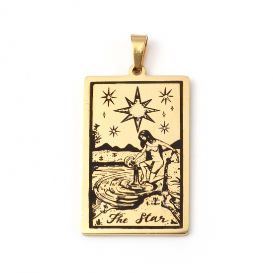 Picture of 201 Stainless Steel Tarot Pendants Gold Plated Rectangle Message " THE STAR " 46mm x 24mm, 1 Piece