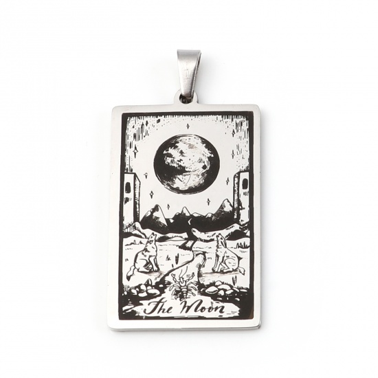 Picture of 201 Stainless Steel Tarot Pendants Silver Tone Rectangle Message " The Moon " 46mm x 24mm, 1 Piece