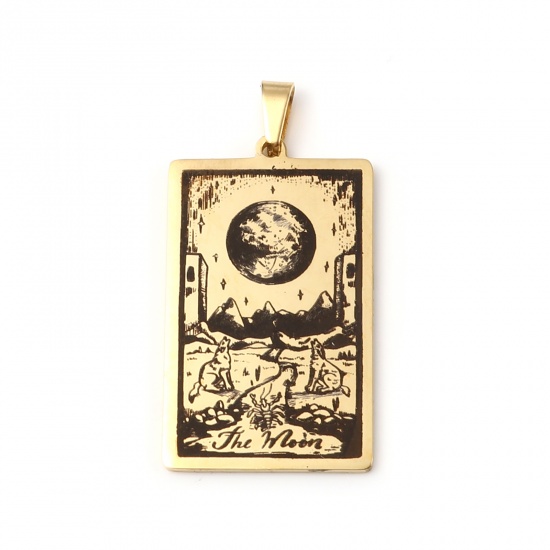Picture of 201 Stainless Steel Tarot Pendants Gold Plated Rectangle Message " The Moon " 46mm x 24mm, 1 Piece