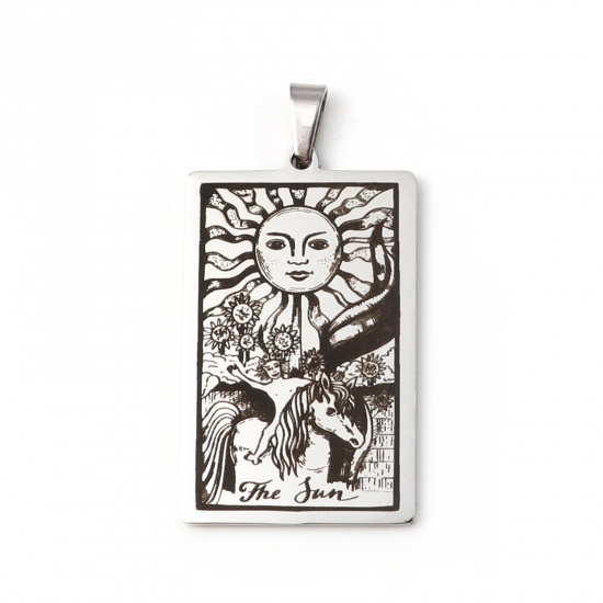 Picture of 201 Stainless Steel Tarot Pendants Silver Tone Rectangle Message " THE SUN " 46mm x 24mm, 1 Piece