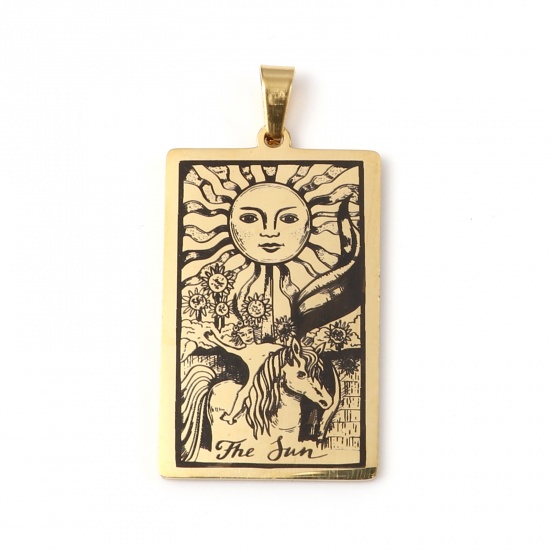 Picture of 201 Stainless Steel Tarot Pendants Gold Plated Rectangle Message " THE SUN " 46mm x 24mm, 1 Piece