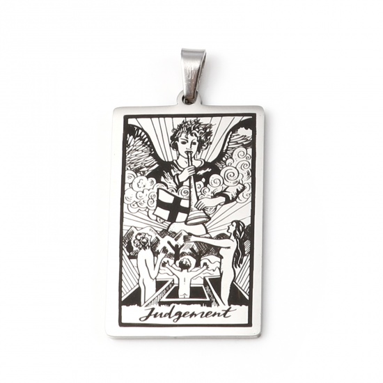 Picture of 201 Stainless Steel Tarot Pendants Silver Tone Rectangle Message " JUDGEMENT " 46mm x 24mm, 1 Piece